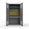 Light gray industrial storage cabinet with bin storage and open interior shelves