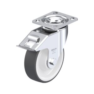 Six Inch Swivel Caster with Blickle Thermoplastic Polyurethane Wheel with Stop Fox Brake