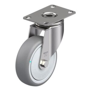 Angle view of the 4 inch stainless steel light duty swivel caster with blickle thermoplastic rubber wheel