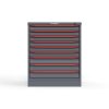 Front view of 14 gauge red cabinet with 9 drawers