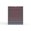 Front view of 30 in. wide red cabinet with 9 drawers