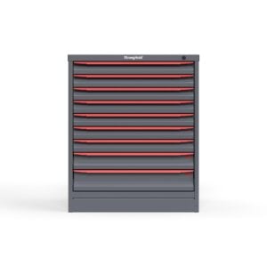 Front view of 30 in. wide red cabinet with 9 drawers