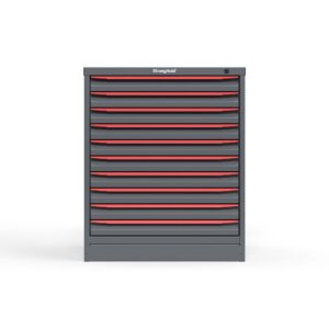 Front view of 30 in. wide red cabinet with 10 drawers