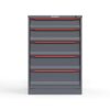 Front view of 30 in. wide Cabinet with red handles and 5 drawers