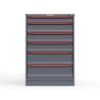 Front view of 30 in. wide Cabinet with red handles and 6 drawers