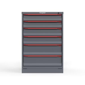 Front view of 14 ga. Cabinet with red handles and 6 drawers