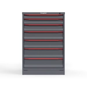 Front view of 14 ga. Cabinet with red handles and 7 drawers
