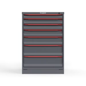 Front view of 30 in. wide Cabinet with red handles and 7 drawers
