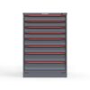 Front view of 30 in. wide Cabinet with red handles and 8 drawers