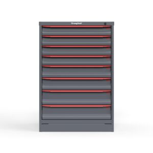 Front view of 30 in. wide Cabinet with red handles and 8 drawers