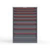 Front view of 14 ga. Cabinet with red handles and 8 drawers