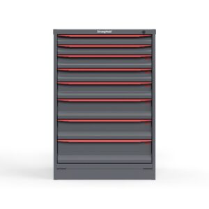 Front view of 14 ga. Cabinet with red handles and 8 drawers