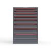 Front view of 44 in. Tall Cabinet with red handles and 8 drawers