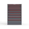 Front view of 44 in. Tall Cabinet with red handles and 9 drawers