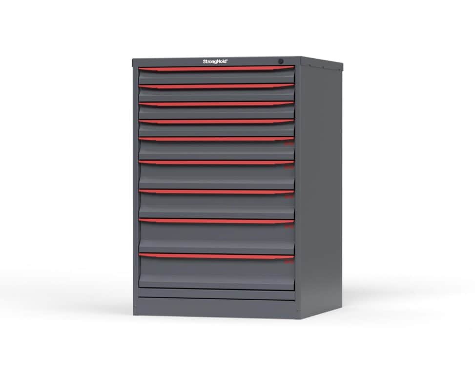 Angle view of 44 in. Tall Cabinet with red handles and 9 drawers