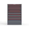 Front view of 14 ga. Cabinet with red handles and 9 drawers