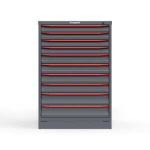 Front view of 30 in. wide Cabinet with red handles and 10 drawers