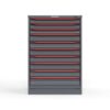 Front view of 14 ga. Cabinet with red handles and 10 drawers