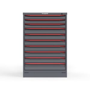 Front view of 14 ga. Cabinet with red handles and 10 drawers