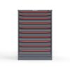 Front view of 44 in. Tall Cabinet with red handles and 10 drawers