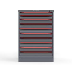 Front view of 44 in. Tall Cabinet with red handles and 10 drawers