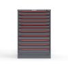 Front view of 44 in. Tall Cabinet with red handles and 11 drawers