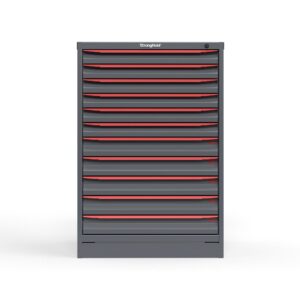 Front view of 44 in. Tall Cabinet with red handles and 11 drawers
