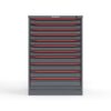 Red industrial drawer cabinet with multiple horizontal storage drawers