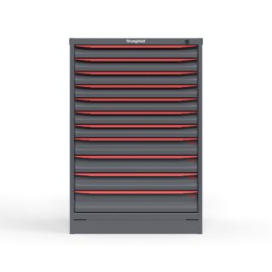 Red industrial drawer cabinet with multiple horizontal storage drawers