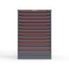 front view of 12 thin drawer cabinet in red