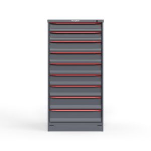 front view of 9 drawer 60 in cabinet in red