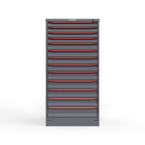 front view of 14 ga 13 drawer cabinet in red