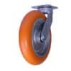 Orange polyurethane swivel caster wheel with metal mounting bracket for material handling carts and industrial equipment.