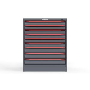 Front view of 14 gauge red cabinet with 9 drawers