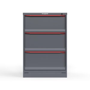Front view of 44 in. Tall Cabinet with red handles