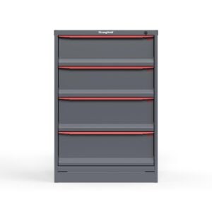 Front view of 44 in. Tall Cabinet with red handles and 4 drawers