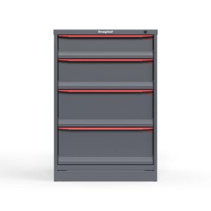 Front view of 14 gauge Cabinet with red handles and 4 drawers