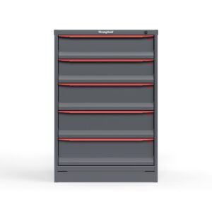 Front view of 14 gauge Cabinet with red handles and 5 drawers