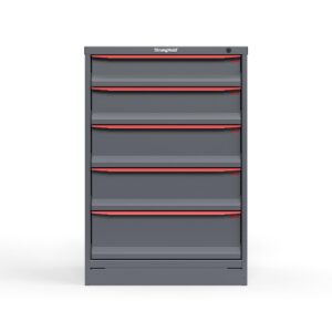 Front view of 30 in. wide Cabinet with red handles and 5 drawers