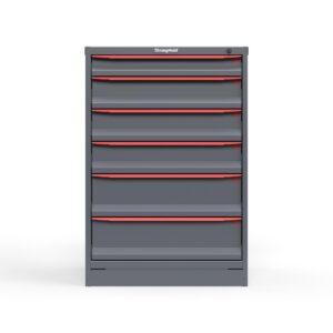 Front view of 30 in. wide Cabinet with red handles and 6 drawers
