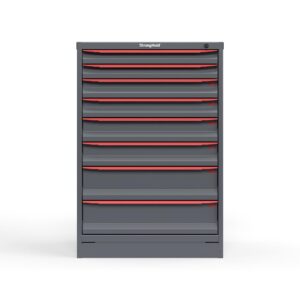 Front view of 44 in. Tall Cabinet with red handles and 8 drawers