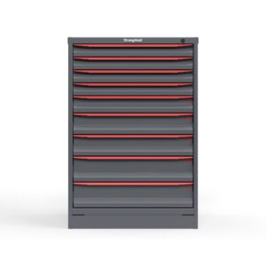Front view of 44 in. Tall Cabinet with red handles and 9 drawers