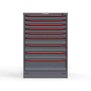 Front view of 14 ga. Cabinet with red handles and 9 drawers
