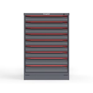 Front view of 30 in. wide Cabinet with red handles and 9 drawers