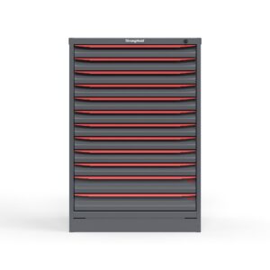 front view of 12 thin drawer cabinet in red