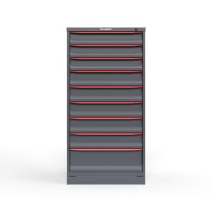 front view of 14 ga 9 drawer cabinet in red