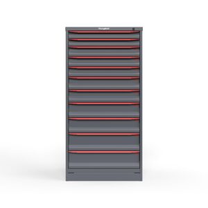 front view of 11 drawer cabinet in red