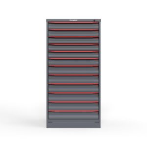 front view of 14 ga 12 drawer cabinet in red