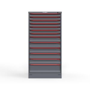 front view of 13 drawer cabinet in red