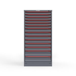 front view of 14 drawer cabinet in red